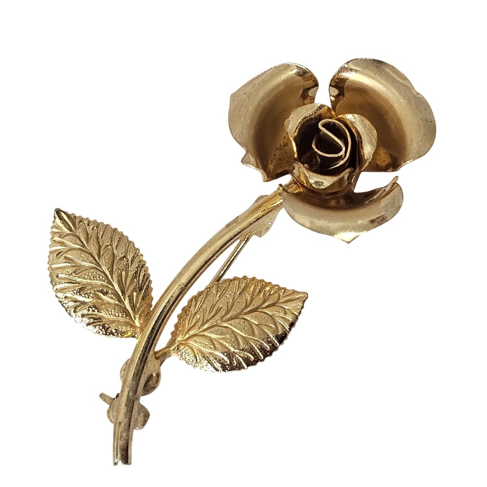 Vintage Gold Tone Rose Brooch Floral Stem Pin Textured Leaf Jewelry